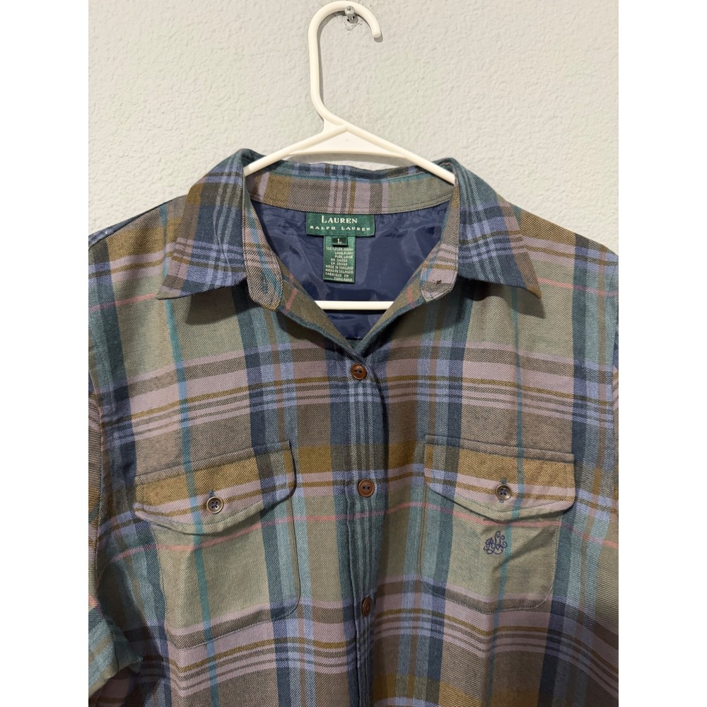 90s Lauren Ralph Lauren Women L 100% Pure Wool Plaid Button Down Shirt Green LRL